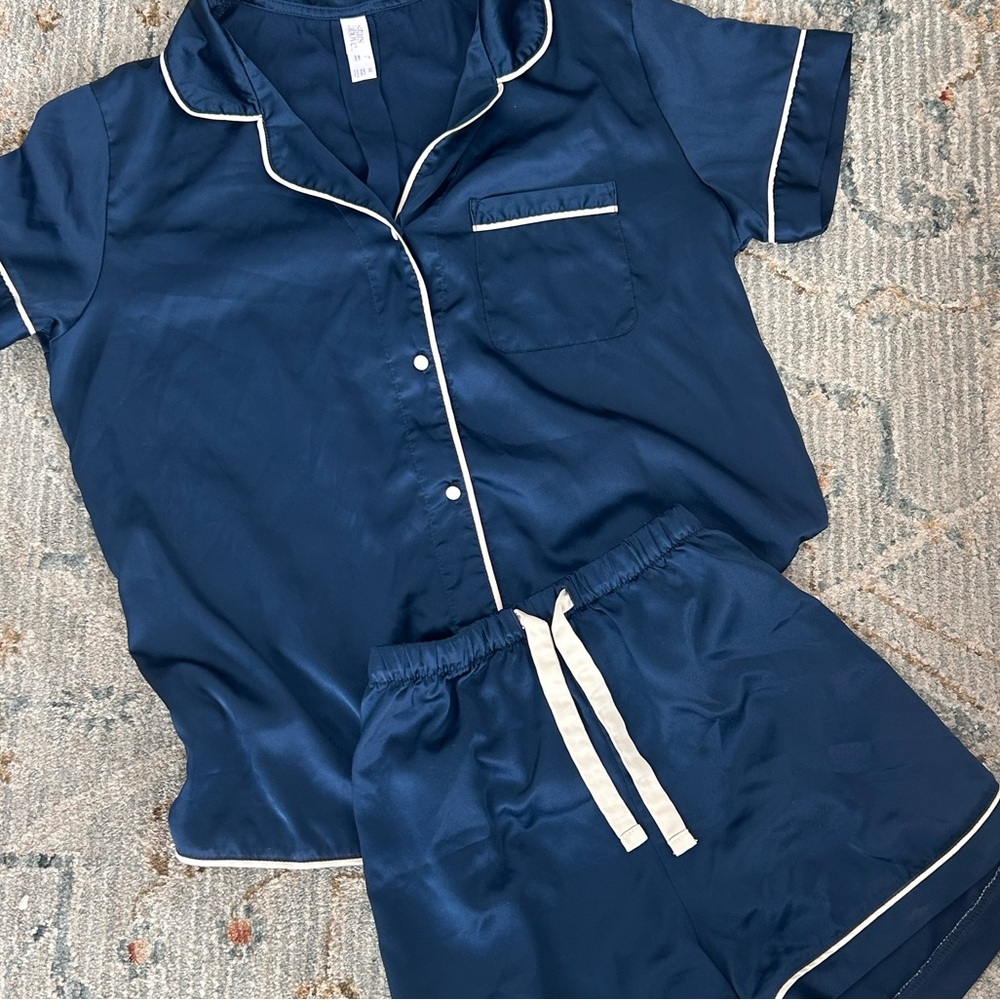 Women's Navy Blue Satin Pajama Set